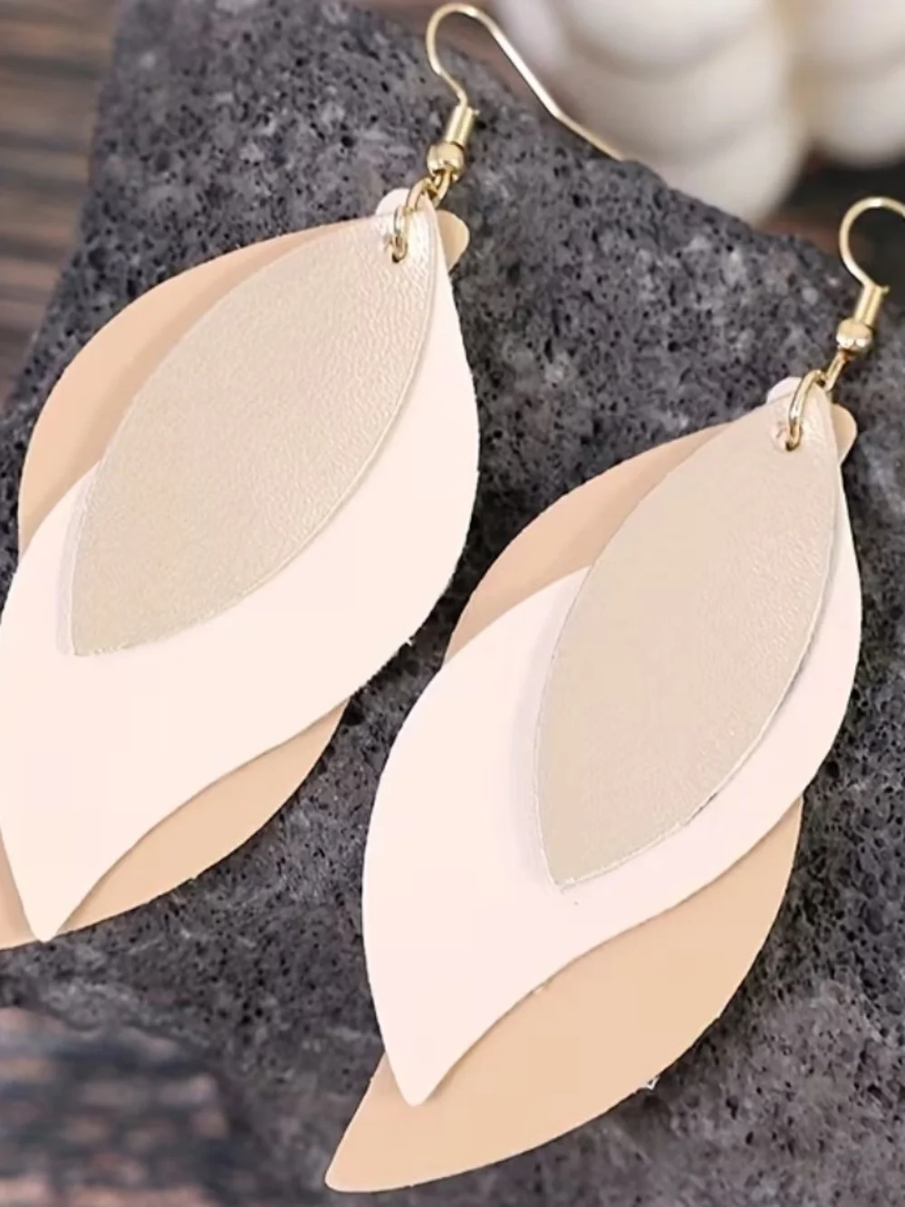Layered Leather Teardrop Earrings - Beige & Cream